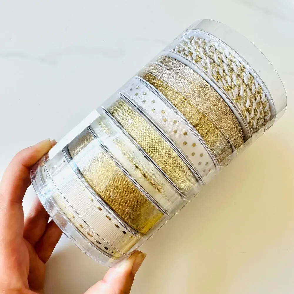 8 NEW White Gold Sparkle Gift Ribbon Boxed Set Christmas Wrapping Holiday